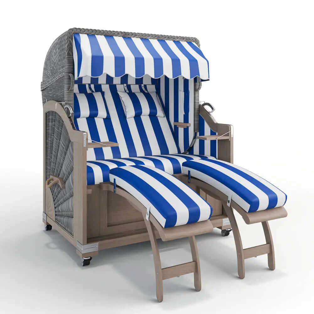 Strandkorb Keitum Vintage Teak 130 cm Rattangeflecht Dessin PVC Blockstreifen abwaschbar 40025 - Strandkorb Fachhandel Prieß