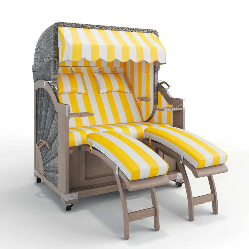 Strandkorb Keitum Vintage Teak 130 cm Rattangeflecht Dessin PVC Blockstreifen abwaschbar 40001 - Strandkorb Fachhandel Prieß