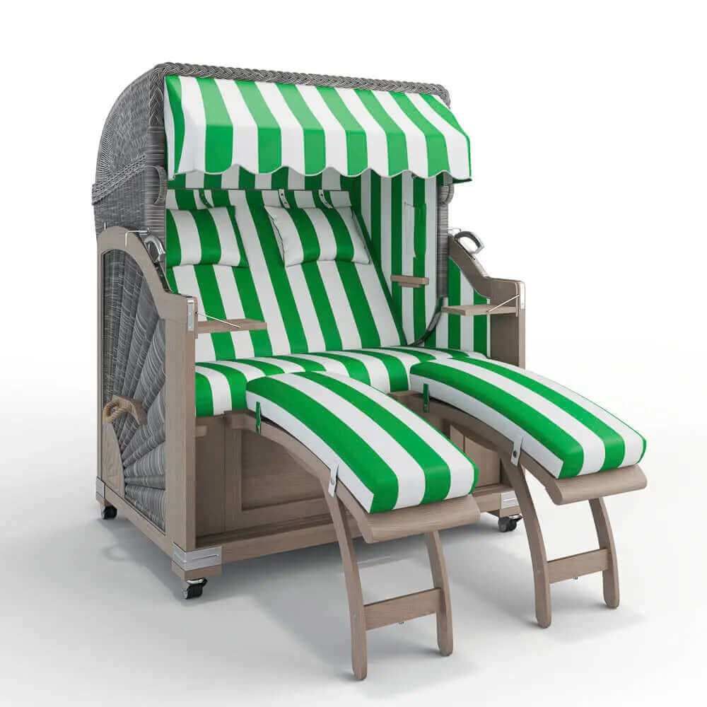 Strandkorb Keitum Vintage Teak 130 cm Rattangeflecht Dessin PVC Blockstreifen abwaschbar 40026 - Strandkorb Fachhandel Prieß