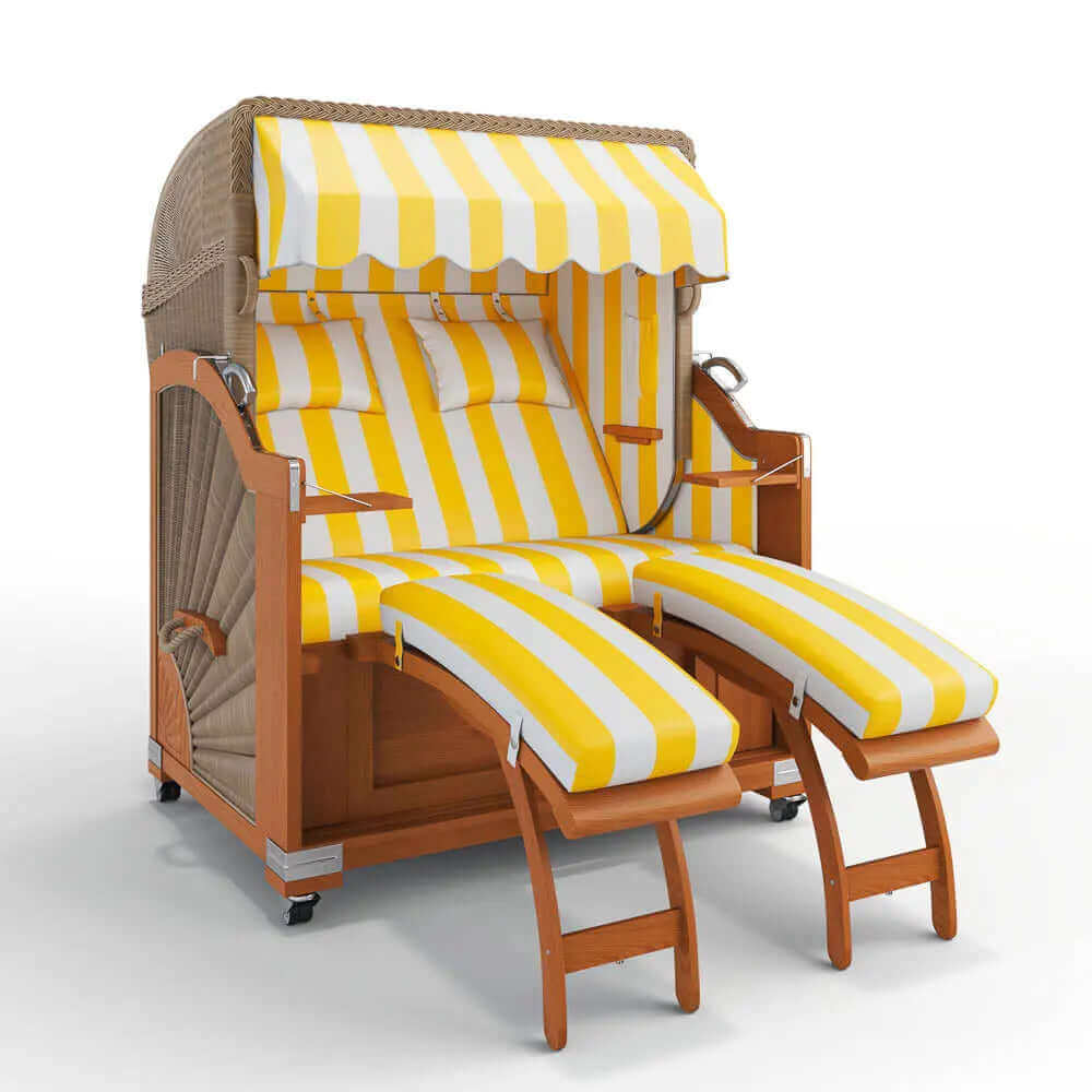 Strandkorb Keitum Teak 130 cm Rattangeflecht Dessin PVC Blockstreifen abwaschbar 40001 - Strandkorb Fachhandel Prieß
