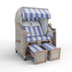 Strandkorb Landhaus Sylt Teak Vintage 120 cm, Rattangeflecht white washed, Dessin Barcelona 63605 - Strandkorb Fachhandel Prieß