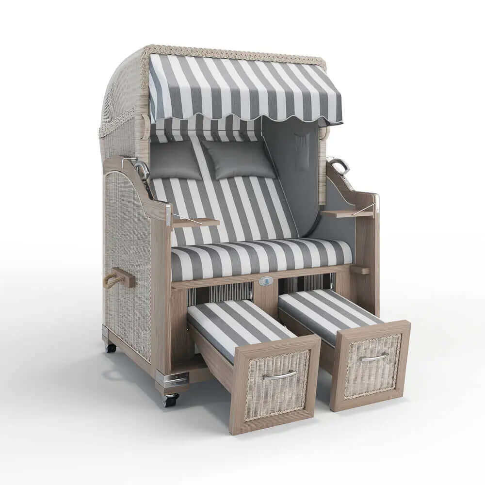 Strandkorb Landhaus Sylt Teak Vintage 120 cm, Rattangeflecht white washed, Dessin Cadiz 32708 - Strandkorb Fachhandel Prieß