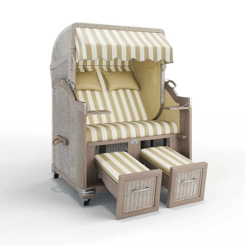 Strandkorb Landhaus Sylt Teak Vintage 120 cm, Rattangeflecht white washed, Dessin Cadiz 32707 - Strandkorb Fachhandel Prieß