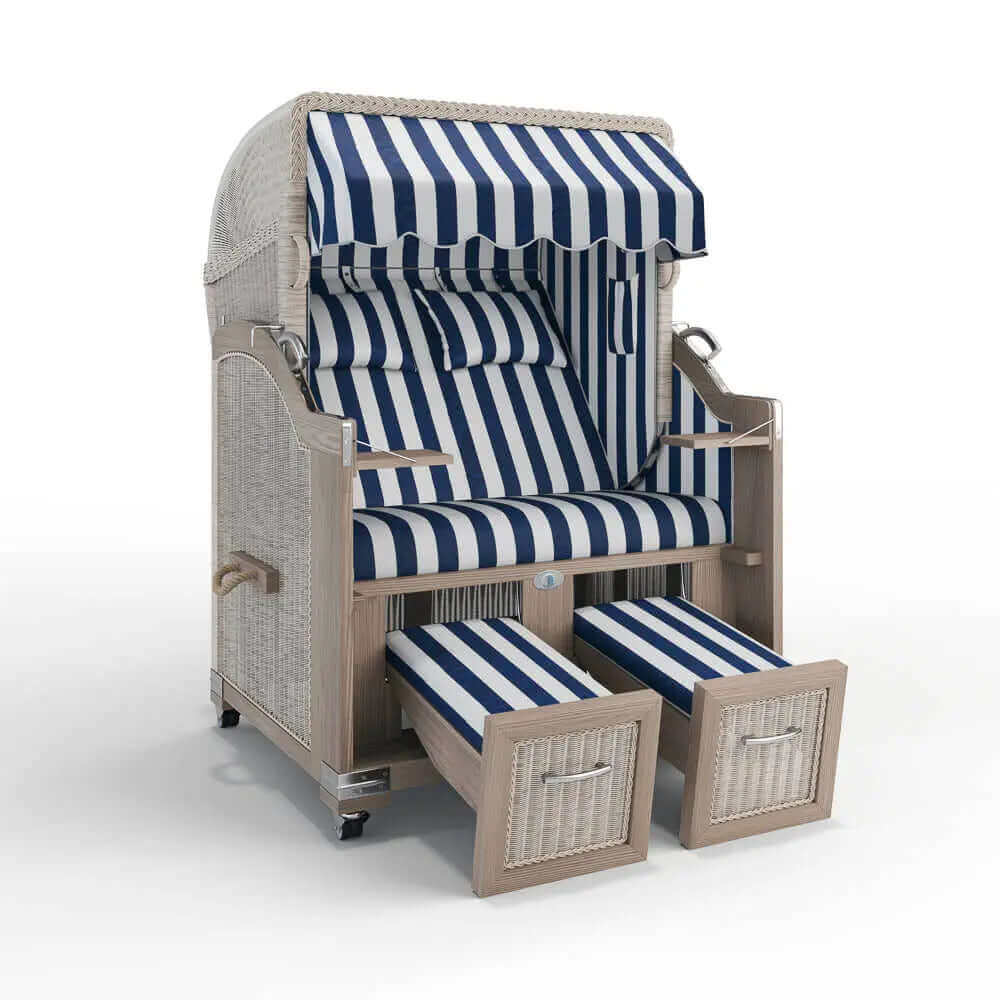 Strandkorb Landhaus Sylt Teak Vintage 120 cm, Rattangeflecht white washed, Dessin Hamburg 45925 - Strandkorb Fachhandel Prieß