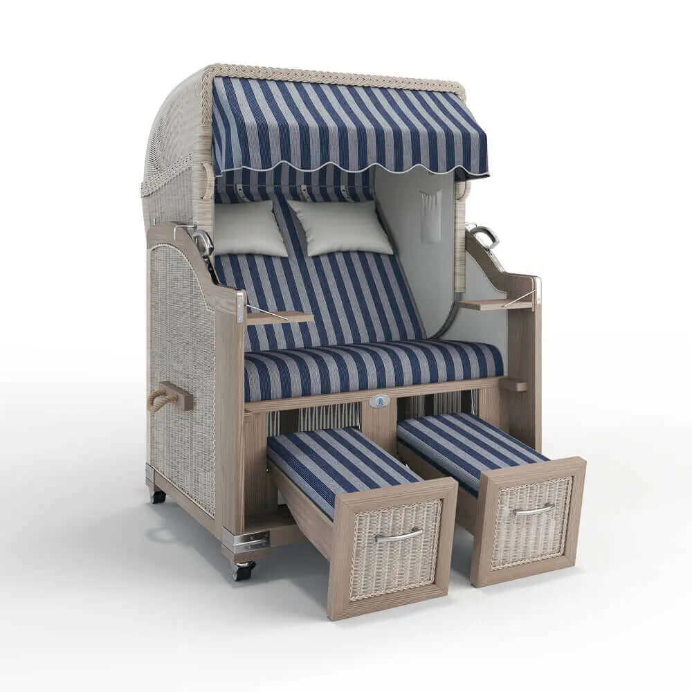 Strandkorb Landhaus Sylt Teak Vintage 120 cm, Rattangeflecht white washed, Dessin Ibiza 64205 - Strandkorb Fachhandel Prieß