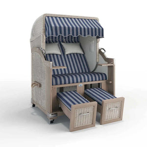 Strandkorb Landhaus Sylt Teak Vintage 120 cm, Rattangeflecht white washed, Dessin Ibiza 64205 - Strandkorb Fachhandel Prieß