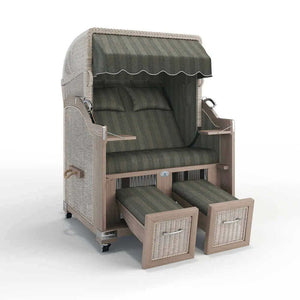 Strandkorb Landhaus Sylt Teak Vintage 120 cm, Rattangeflecht white washed, Dessin Innsbruck 42640 - Strandkorb Fachhandel Prieß