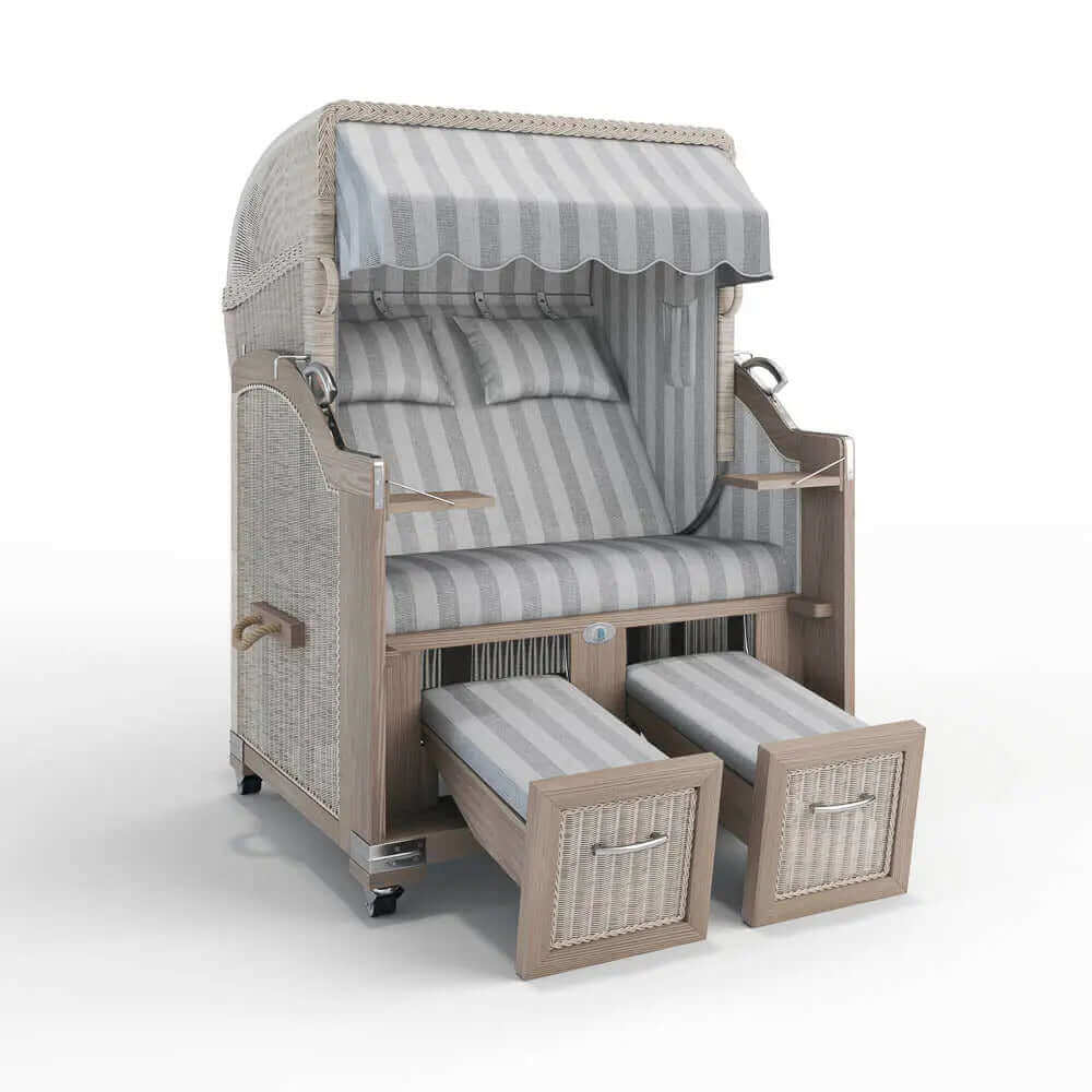 Strandkorb Landhaus Sylt Teak Vintage 120 cm, Rattangeflecht white washed, Dessin Innsbruck 42655 - Strandkorb Fachhandel Prieß