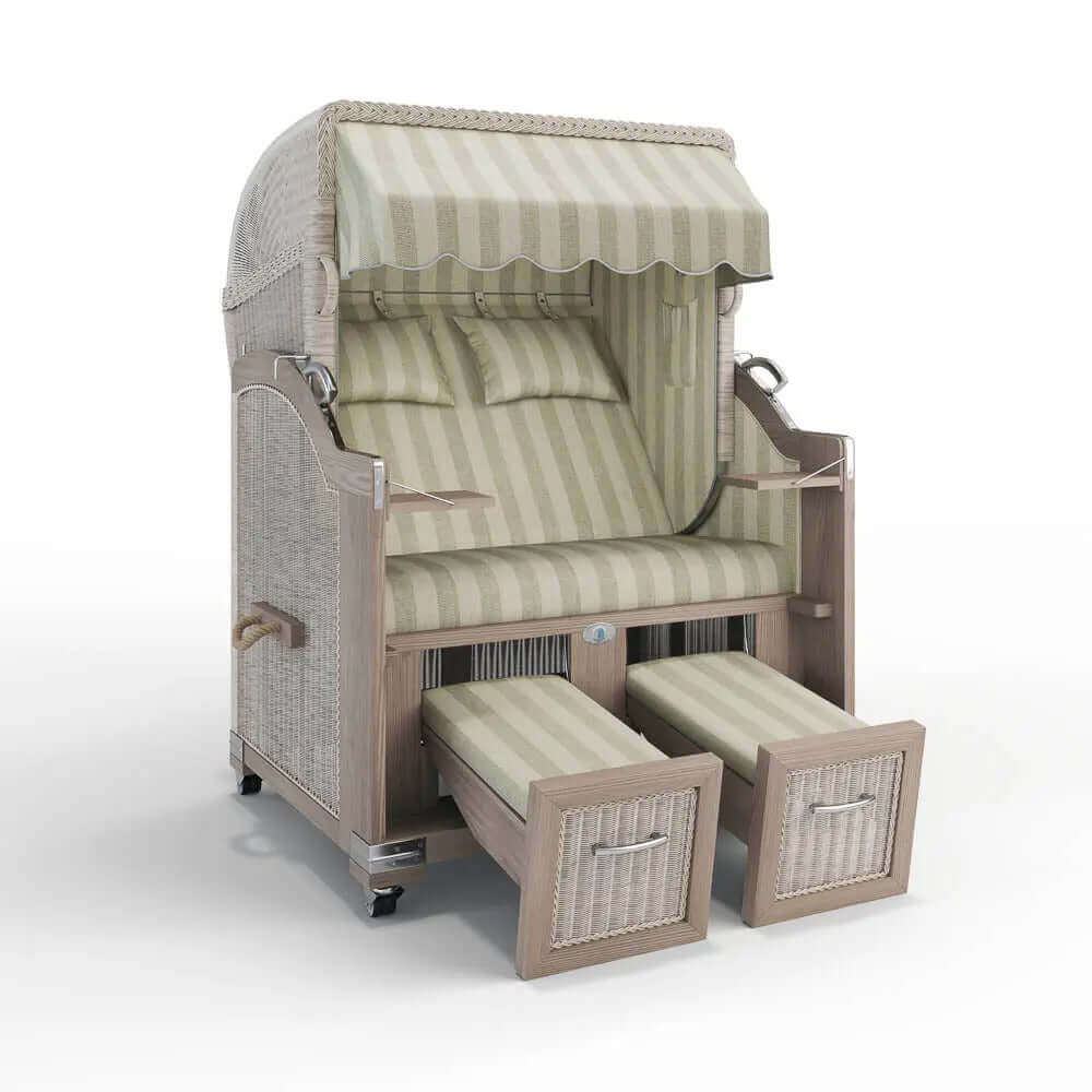 Strandkorb Landhaus Sylt Teak Vintage 120 cm, Rattangeflecht white washed, Dessin Innsbruck 42639 - Strandkorb Fachhandel Prieß
