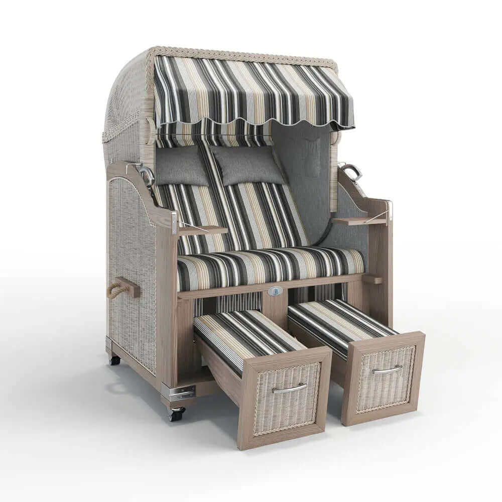 Strandkorb Landhaus Sylt Teak Vintage 120 cm, Rattangeflecht white washed, Dessin Lissabon 52213 - Strandkorb Fachhandel Prieß