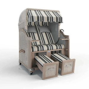 Strandkorb Landhaus Sylt Teak Vintage 120 cm, Rattangeflecht white washed, Dessin Lissabon 52213 - Strandkorb Fachhandel Prieß