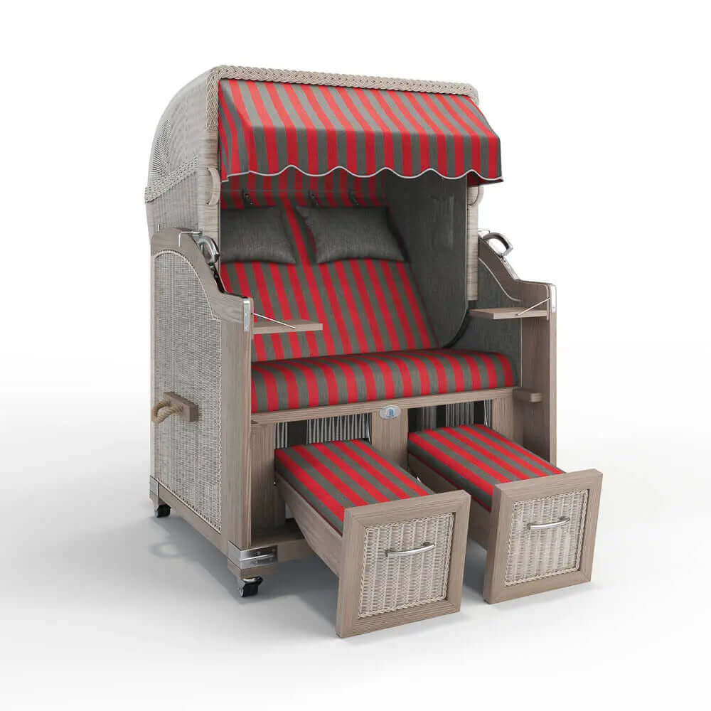 Strandkorb Landhaus Sylt Teak Vintage 120 cm, Rattangeflecht white washed, Dessin Menorca 70300 - Strandkorb Fachhandel Prieß