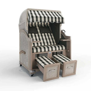 Strandkorb Landhaus Sylt Teak Vintage 120 cm, Rattangeflecht white washed, Dessin München 48108 - Strandkorb Fachhandel Prieß