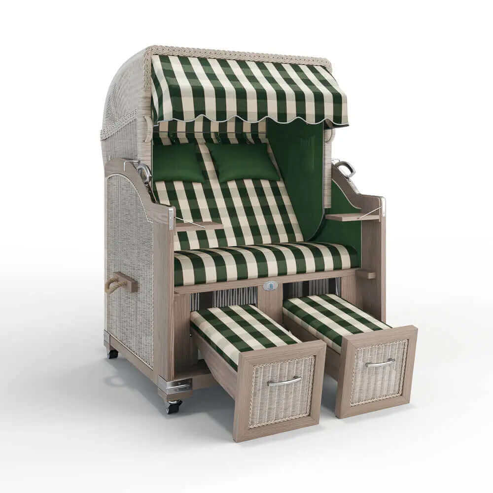 Strandkorb Landhaus Sylt Teak Vintage 120 cm, Rattangeflecht white washed, Dessin München 48106 - Strandkorb Fachhandel Prieß