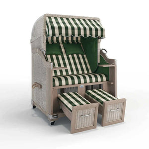 Strandkorb Landhaus Sylt Teak Vintage 120 cm, Rattangeflecht white washed, Dessin München 48106 - Strandkorb Fachhandel Prieß