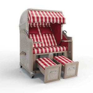 Strandkorb Landhaus Sylt Teak Vintage 120 cm, Rattangeflecht white washed, Dessin München 48103 - Strandkorb Fachhandel Prieß