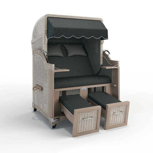 Strandkorb Landhaus Sylt Teak Vintage 120 cm, Rattangeflecht white washed, Dessin New York 57474 - Strandkorb Fachhandel Prieß