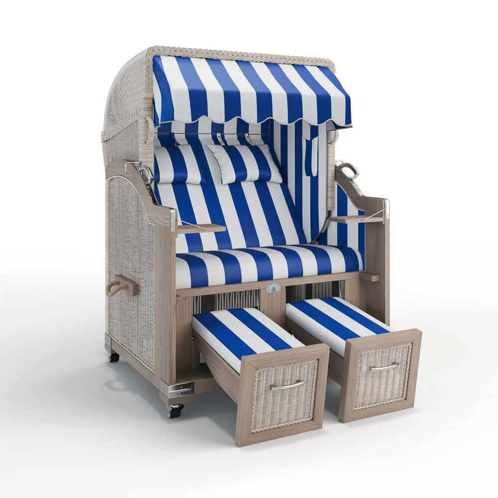 Strandkorb Landhaus Sylt Teak Vintage 120 cm, Rattangeflecht white washed, PVC-Stoff abwaschbar, Dessin blau weiss 40025 - Strandkorb Fachhandel Prieß