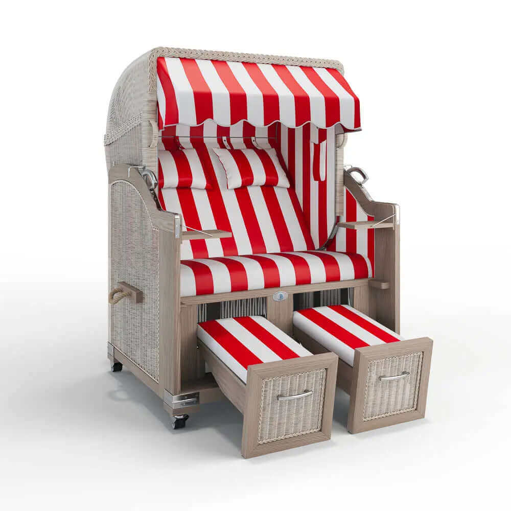 Strandkorb Landhaus Sylt Teak Vintage 120 cm, Rattangeflecht white washed, PVC-Stoff abwaschbar, Dessin rot weiss 40003 - Strandkorb Fachhandel Prieß