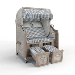 Strandkorb Landhaus Sylt Teak Vintage 120 cm, Rattangeflecht white washed, Dessin Palma 24425 - Strandkorb Fachhandel Prieß