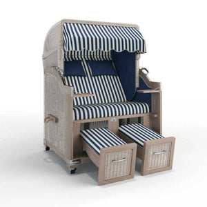 Strandkorb Landhaus Sylt Teak Vintage 120 cm, Rattangeflecht white washed, Dessin Porto 82335 - Strandkorb Fachhandel Prieß