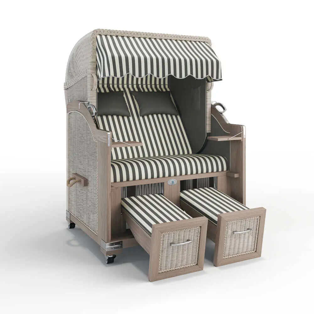 Strandkorb Landhaus Sylt Teak Vintage 120 cm, Rattangeflecht white washed, Dessin Porto 82338 - Strandkorb Fachhandel Prieß