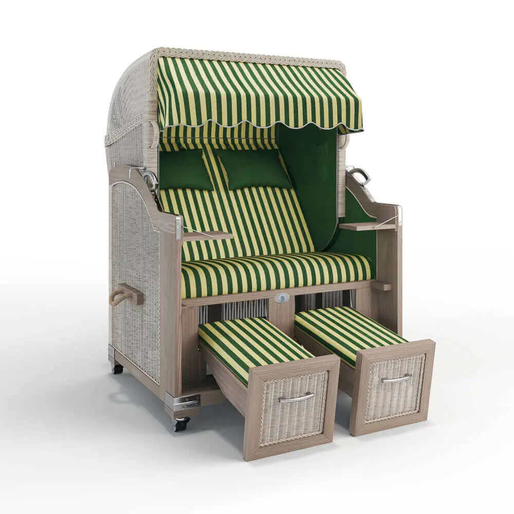 Strandkorb Landhaus Sylt Teak Vintage 120 cm, Rattangeflecht white washed, Dessin Porto 82336 - Strandkorb Fachhandel Prieß