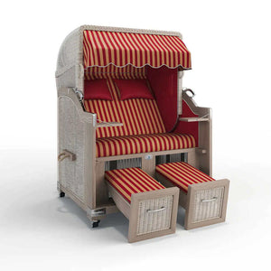 Strandkorb Landhaus Sylt Teak Vintage 120 cm, Rattangeflecht white washed, Dessin Porto 82333 - Strandkorb Fachhandel Prieß