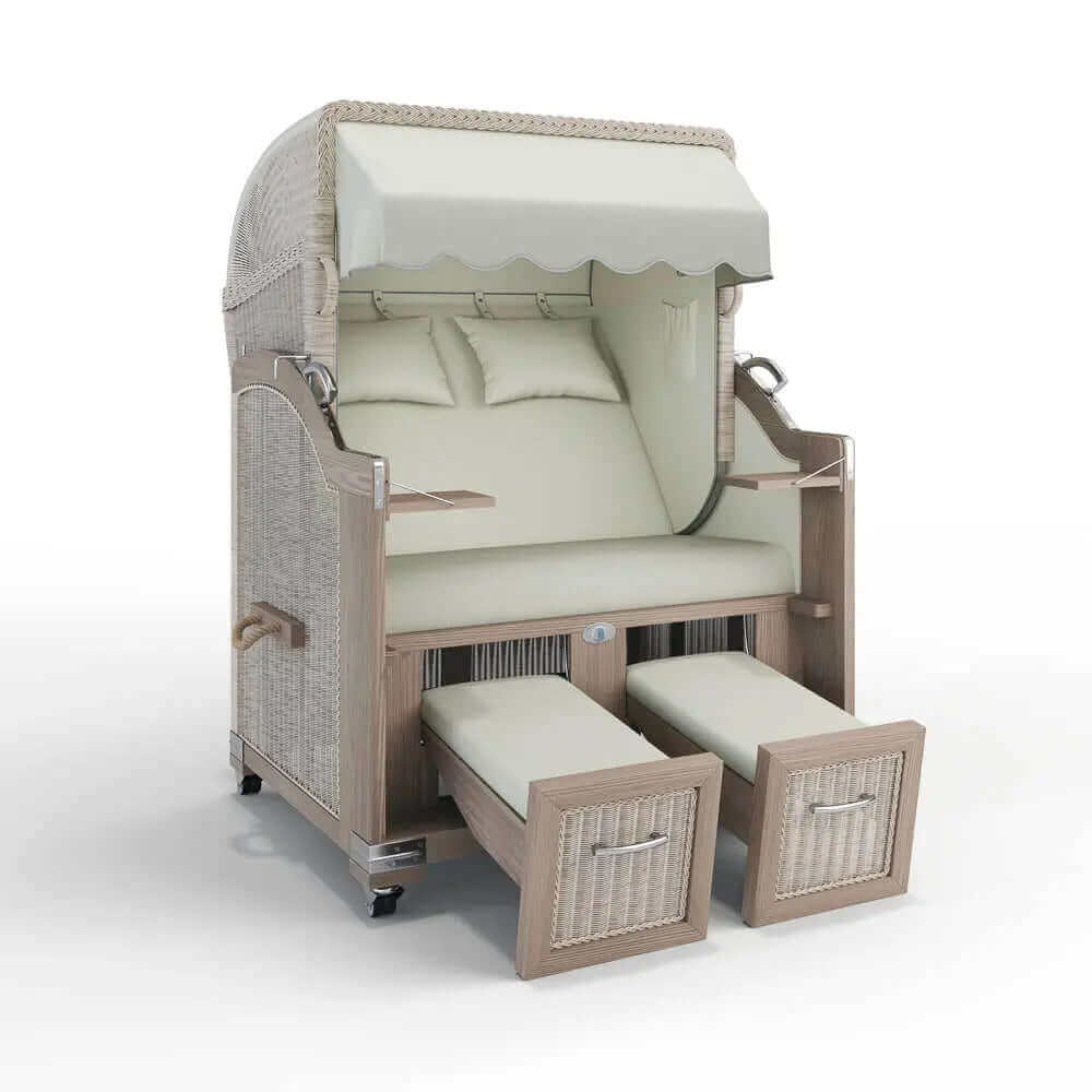 Strandkorb Landhaus Sylt Teak Vintage 120 cm, Rattangeflecht white washed, Dessin Rotterdam 25100 - Strandkorb Fachhandel Prieß