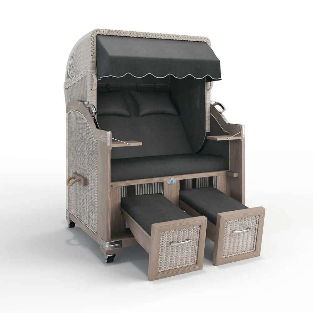 Strandkorb Landhaus Sylt Teak Vintage 120 cm, Rattangeflecht white washed, Dessin San Sebastian 31418 - Strandkorb Fachhandel Prieß