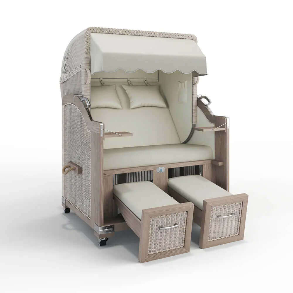 Strandkorb Landhaus Sylt Teak Vintage 120 cm, Rattangeflecht white washed, Dessin San Sebastian 31417 - Strandkorb Fachhandel Prieß