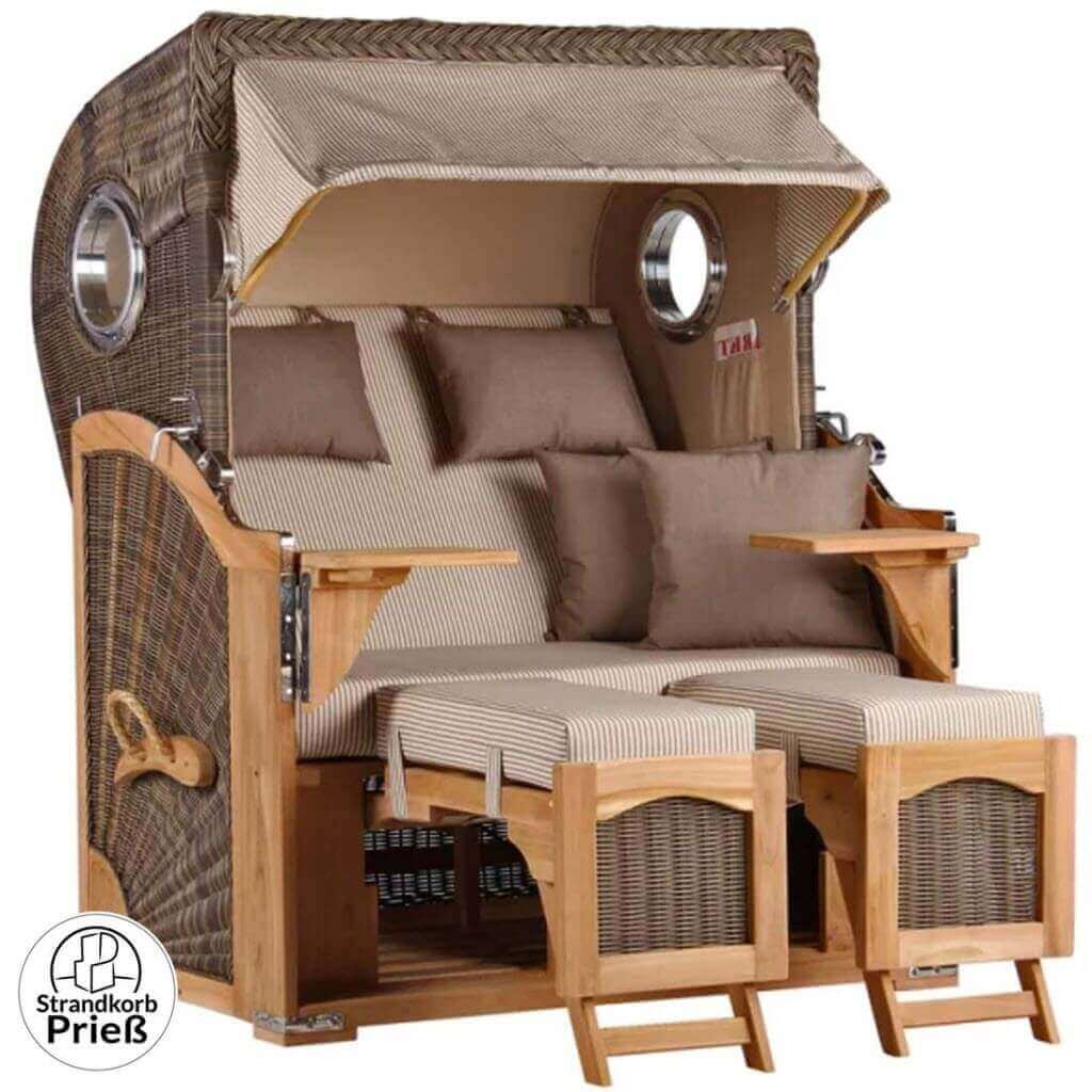 Strandkorb Mr. Deko Düne Bullaugen Teak PE grey 2-Sitzer Dessin 510 