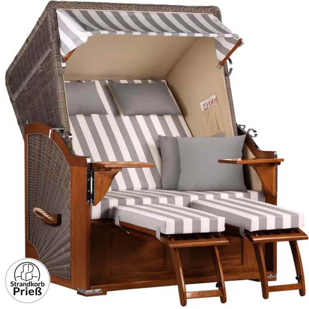 Strandkorb Seeblick Mahagoni PE grey 2-Sitzer Dessin 513-grau-weiss