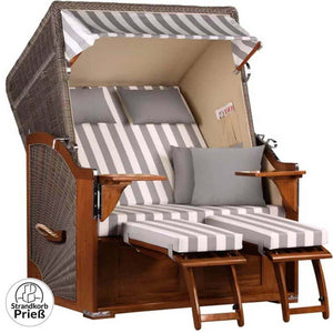Strandkorb Seeblick Mahagoni PE grey 2-Sitzer Dessin 513-grau-weiss