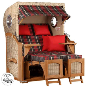 Strandkorb Düne Grande 2,5 Sitzer mit Bullaugen, Teak PE Shell, luxuriöses Design mit rot kariertem Bezug.