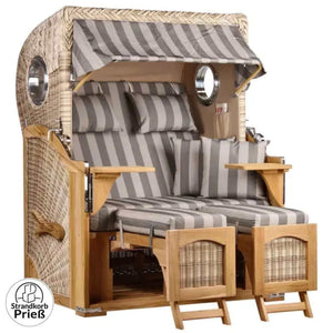 Strandkorb Düne - 2,5-Sitzer mit Bullaugen in Sand grau, hochwertiger Teak PE Shell mit Schutzhaube und Rollen.