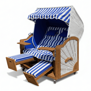 6001 Strandkorb Prieß Modell Meister, Foto zeigt Iroko Holz, PE Geflecht weiss, Größe wählbar, Stoffdessin wie abgebildet