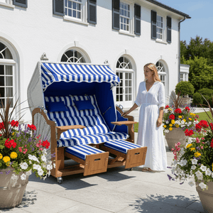 6001 Strandkorb Prieß Modell Meister, Foto zeigt Iroko Holz, PE Geflecht weiss, Größe wählbar, Stoffdessin wie abgebildet