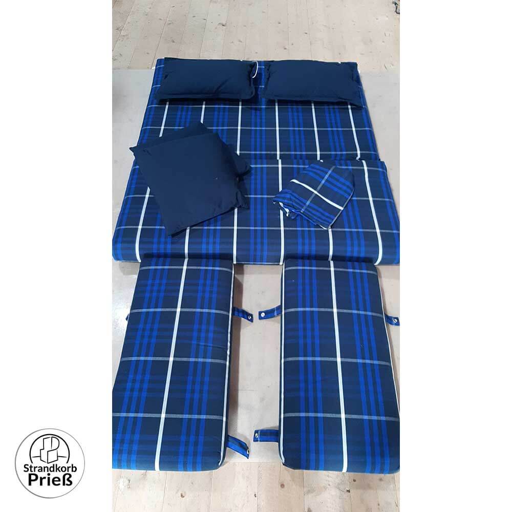 Strandkorb Polster Garnitur Set XL blau kariert mit Markise und Nackenkissen für deVries Friesland Sailor Nautic Modelle