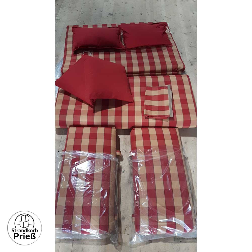 herausnehmbare Polster Garnitur Set XXL Dessin 273 für Strandkorb Friesland Sailor Nautic mit Kissen und Markise rot kariert