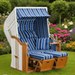 Strandkorb SunnySmart Rustikal 250 Plus aus weißem PVC-Geflecht, blau-weiß gestreift, 2-Sitzer Liegemodell im Garten mit Fußstützen
