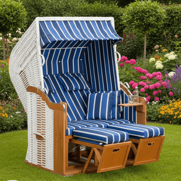 Strandkorb SunnySmart Rustikal 250 Plus aus weißem PVC-Geflecht, blau-weiß gestreift, 2-Sitzer Liegemodell im Garten mit Fußstützen