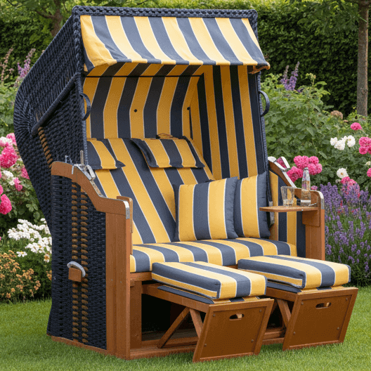 Strandkorb SunnySmart Rustikal 250 Plus, PVC-Geflecht blau, Dessin 1244 blau gelb