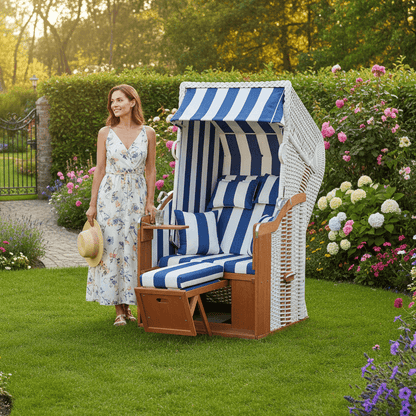 Strandkorb SunnySmart Rustikal 250 Plus, 1-Sitzer, PVC-Geflecht weiss, Dessin 1080