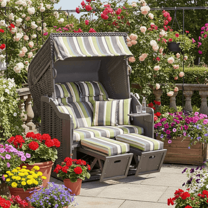 Strandkorb SunnySmart Rustikal 255 Plus, Holz grau lasiert, PVC-Geflecht anthrazit, Dessin  1226 wie abgebildet