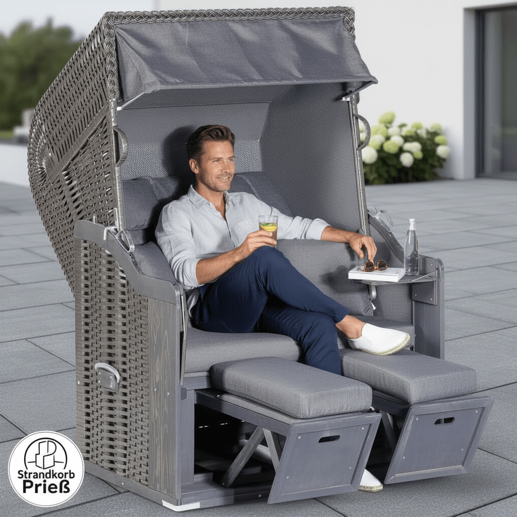 Strandkorb SunnySmart Rustikal 255 Plus grau, PVC-Geflecht weiss, Dessin 1234, moderner 2-Sitzer Liegemodell mit Komfortpolster