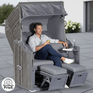 Strandkorb SunnySmart Rustikal 255 Plus grau, PVC-Geflecht weiss, Dessin 1234, moderner 2-Sitzer Liegemodell mit Komfortpolster