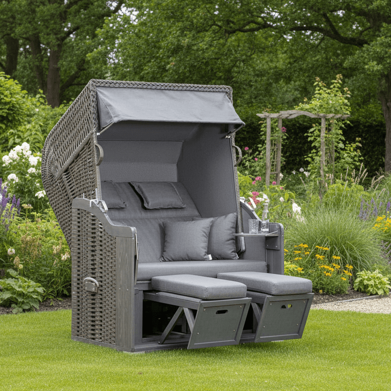 Strandkorb SunnySmart Rustikal 255 Plus grau mit PVC-Geflecht und Fußstützen im blühenden Garten, gemütlicher 2-Sitzer Strandkorb