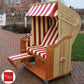 Strandkorb SunnySmart Rustikal 250 Basic als 2-Sitzer, beige PVC-Geflecht mit rot beigem Stoff, Halbliegemodell im Garten