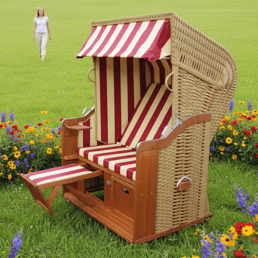Strandkorb SunnySmart Rustikal 250 Basic in Beige mit rot-beigen Streifen, 2-Sitzer Halblieger im Garten mit Blumenbeet